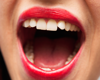 woman wearing red lipstick with mouth open